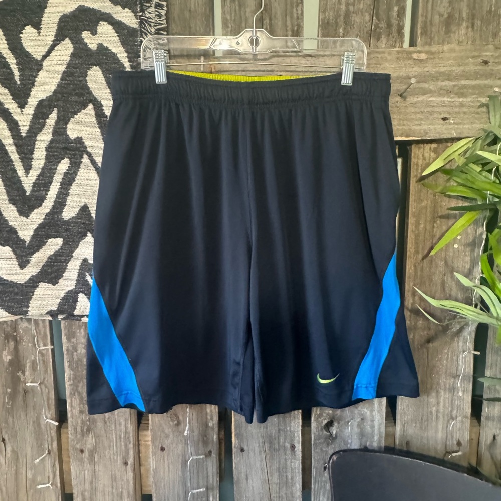 Nike Men’s Drifit Black Athletic Shorts with Blue Panels and Lime Accent